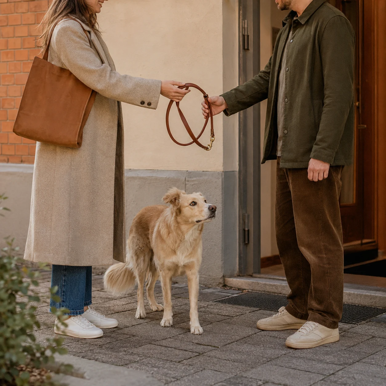 Två personer lämnar över ett koppel med en hund bredvid sig